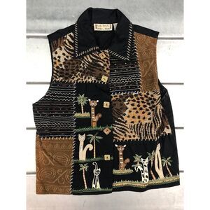 Life Style Vest Womens Small Black Button Up Animal Print Safari Cats Embroidery